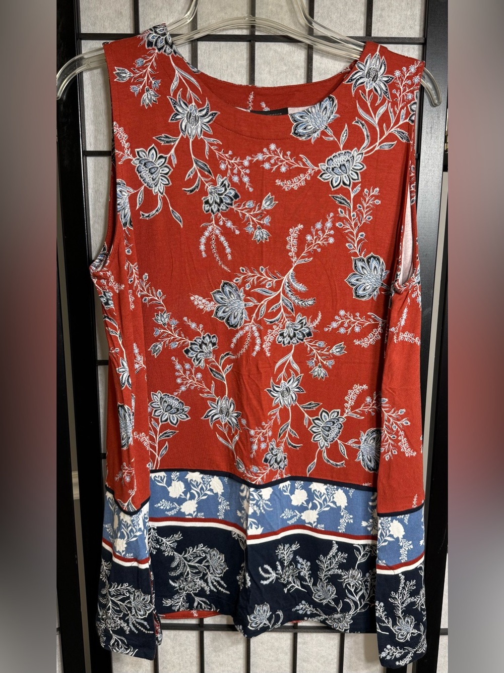 J. Jill Wearever Sleeveless Tank Top Orange & Navy Floral Vine Print Size Large
